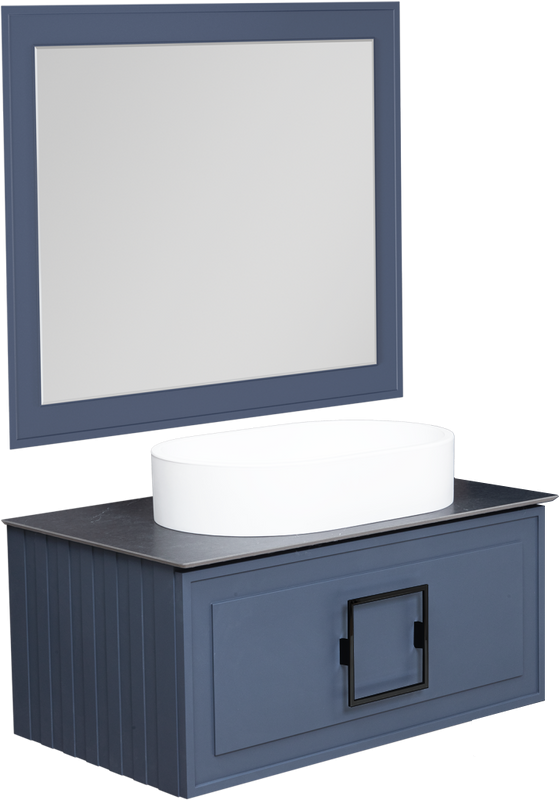 Мебель для ванной комнаты La Fenice Cubo 80 подвесная, синяя, ручка черная, столешница черный мрамор, раковина матовая белая