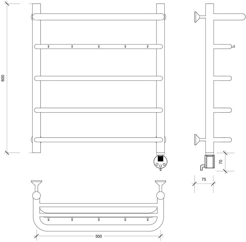 Полотенцесушитель электрический Secado Мерида 1 КСП 60x50 см, подключение справа, матовый черный, лесенка, с полкой