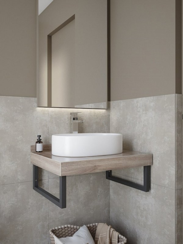 Столешница с раковиной Teymi Helmi 70 дуб кашмир, раковина Iva 52,  с черными кронштейнами