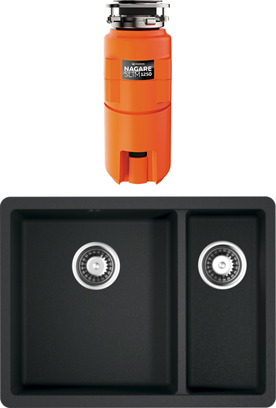 Комплект Мойка Omoikiri Kata 55-2-U-BL черная + Измельчитель Nagare slim 1250