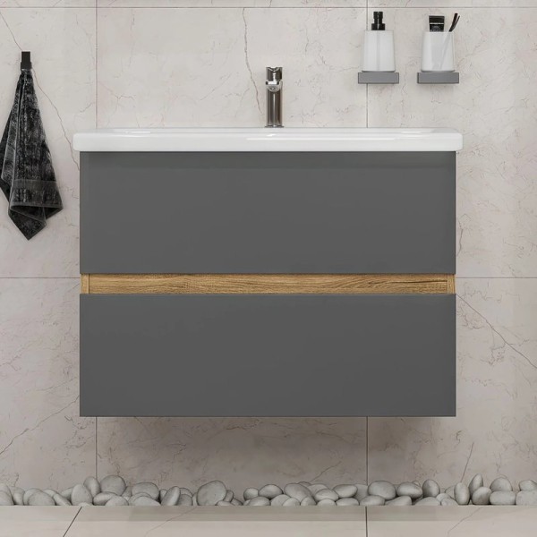 Тумба с раковиной SanStar Graffa 80 подвесная, дуб вотан, графит софт, раковина Фостер