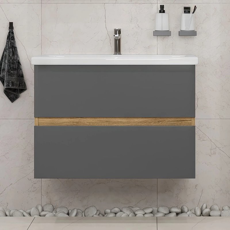Тумба с раковиной SanStar Graffa 80 подвесная, дуб вотан, графит софт, раковина Фостер