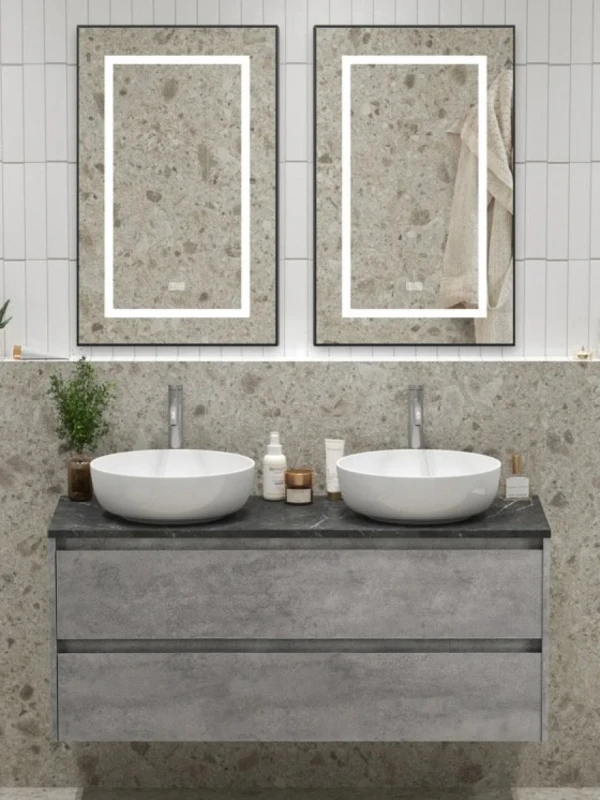 Мебель для ванной комнаты BelBagno Kraft 120 для двоих, с двумя чашами, 2 ящика, cemento grigio