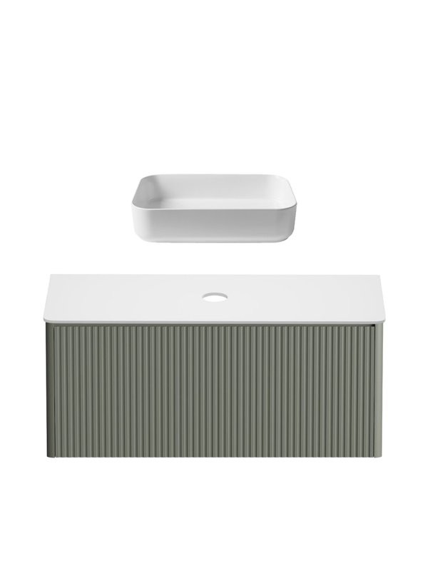Тумба с раковиной Allen Brau Gravity 120 1 ящик, с фрезеровкой, матовая олива, столешница белая, раковина Fantasy Quad 50, белая