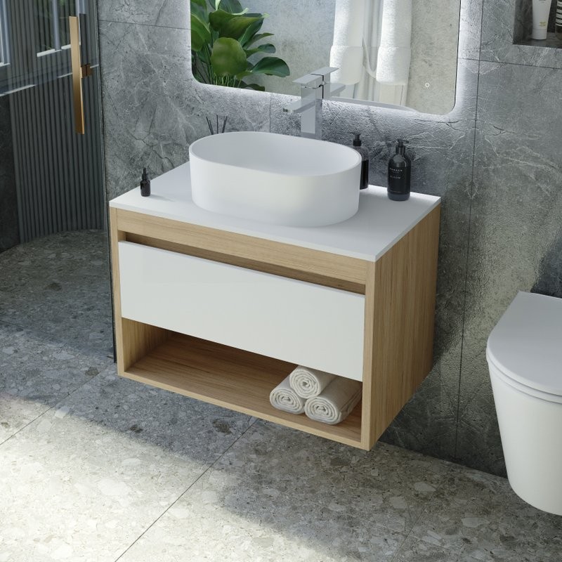 Тумба с раковиной Teymi Ritta 65 дуб эврика, матовая белая, раковина Iva 46