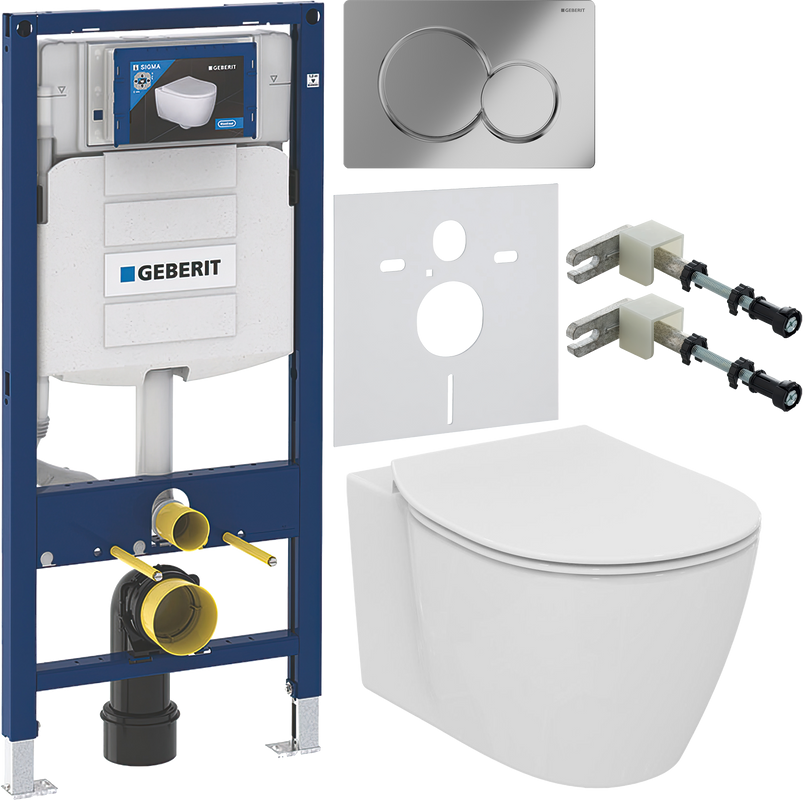 Комплект Унитаз подвесной Ideal Standard Connect AquaBlade E047901 + Крышка E772401 с микролифтом + Инсталляция Geberit Duofix UP 320 111.300.00.5 + Кнопка Sigma 01 115.770.21.5 хром + Крепления 111.815.00.1 к стене + Звукоизоляция