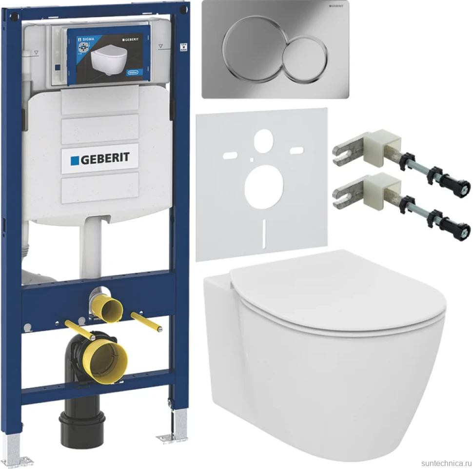 Комплект Унитаз подвесной Ideal Standard Connect AquaBlade E047901 + Крышка E772401 с микролифтом + Инсталляция Geberit Duofix UP 320 111.300.00.5 + Кнопка Sigma 01 115.770.21.5 хром + Крепления 111.815.00.1 к стене + Звукоизоляция