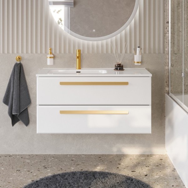 Тумба с раковиной Cezares Eco Cer-N 100 L bianco lucido, раковина Duet 100 L, ручки сатиновое золото