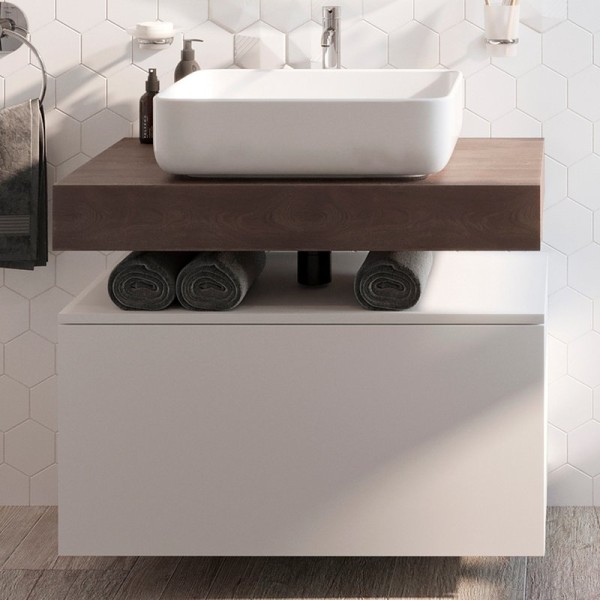 Столешница STWORKI Ольборг 80 дуб карпентер, без отверстий, с тумбой 80, с раковиной STWORKI Soul 1 белой