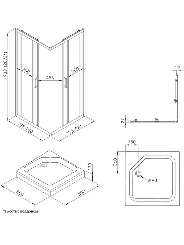 Душевой уголок Triton Фикс 80х80 см, с поддоном, профиль черный, стекло вельвет