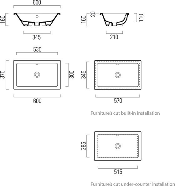 Раковина GSI Kube X 60x37, встраиваемая
