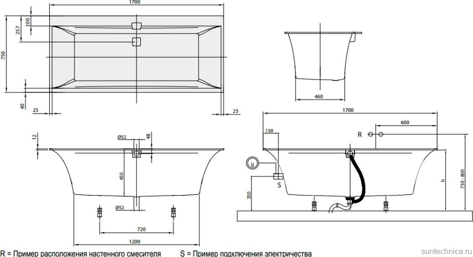 Акриловая ванна Villeroy & Boch Squaro Edge 12 UBQ170SQE2DV-01 170x75 см, встраиваемая, цвет альпийский белый, на ножках, со сливом-переливом, фурнитура белая