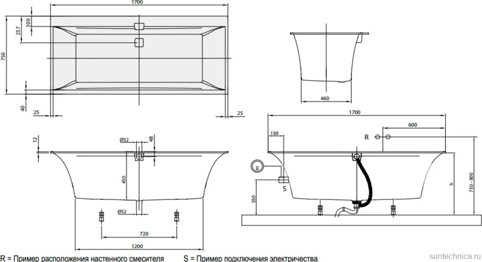 Акриловая ванна Villeroy & Boch Squaro Edge 12 UBQ170SQE2DV-01 170x75 см, встраиваемая, цвет альпийский белый, на ножках, со сливом-переливом, фурнитура белая