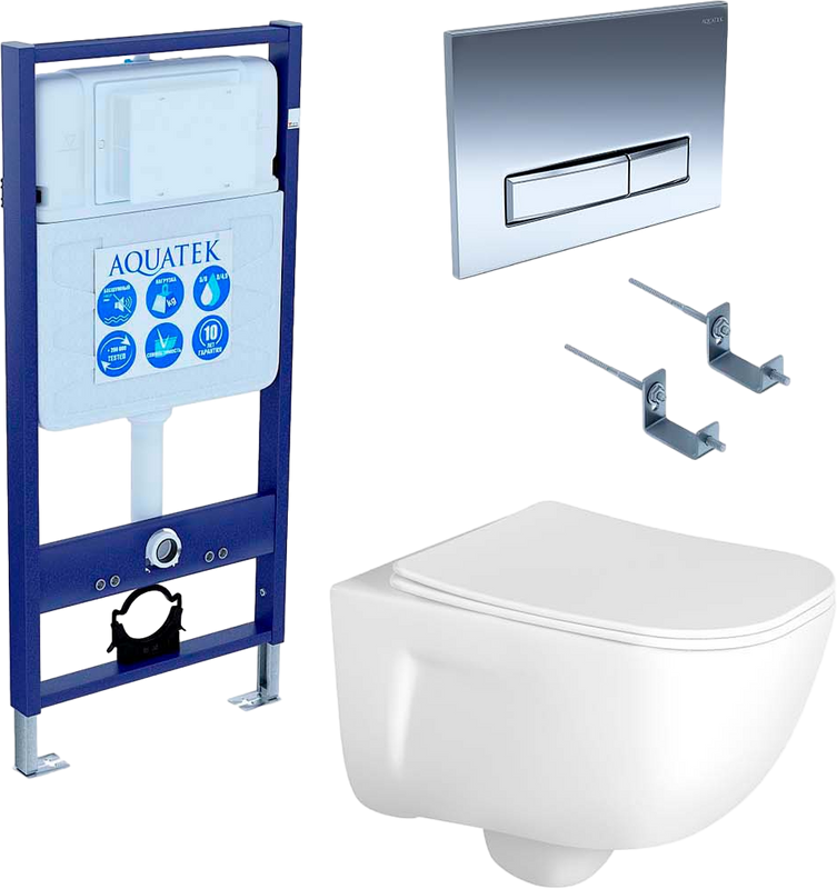 Комплект Унитаз подвесной AQUATEK Дива AQ2012-00 безободковый, с микролифтом + Инсталляция Standard INS-0000012 + Комплект креплений KKI-0000002 + Кнопка KDI-0000023 глянцевый хром