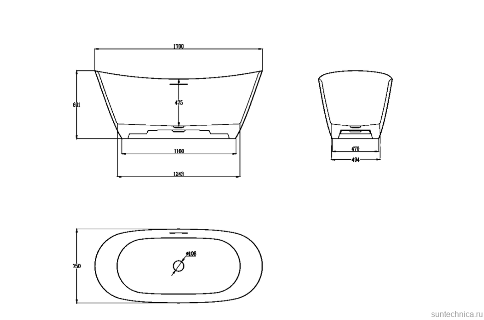Ванна из искусственного камня AltroBagno Fiorina 090217 170x75 см, отдельностоящая, овальная, на ножках, с донным клапаном