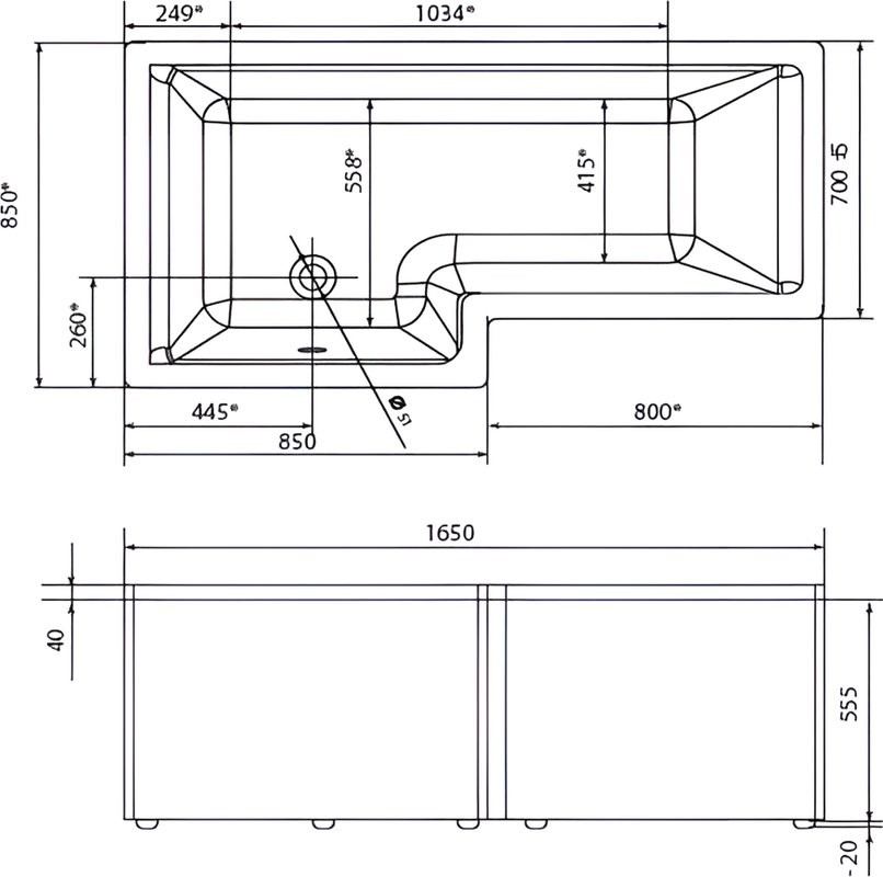 Акриловая ванна Marka One Linea L 165x85 см, левая, пристенная, белая, асимметричная, с каркасом, с экраном