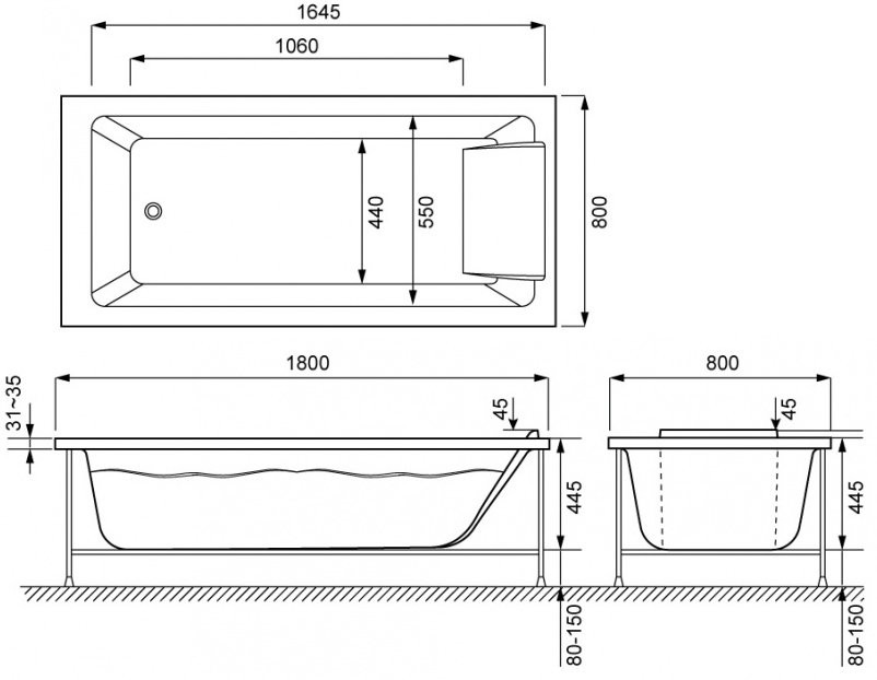 Акриловая ванна Jacob Delafon Sofa 180x80 см, встраиваемая, белая, с каркасом