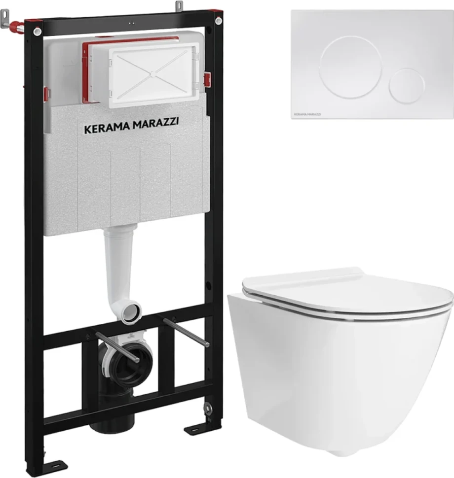 Комплект Унитаз подвесной KERAMA MARAZZI Sfera SF.wc.02 безободковый, с микролифтом, глянцевый белый + Инсталляция + Кнопка FPR.A.WHT белый глянец