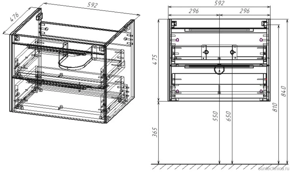 Тумба с раковиной Vincea Chiara 2D 60, 2 ящика, камень, с белой раковиной