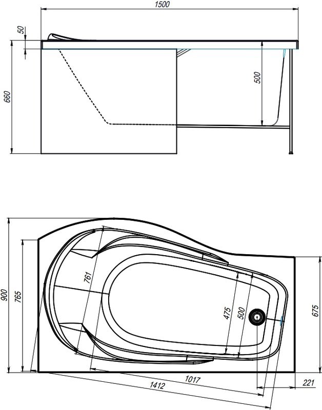 Акриловая ванна Alex Baitler Orta R 150x90 см, угловая, правая, встраиваемая, белая, асимметричная, с экраном