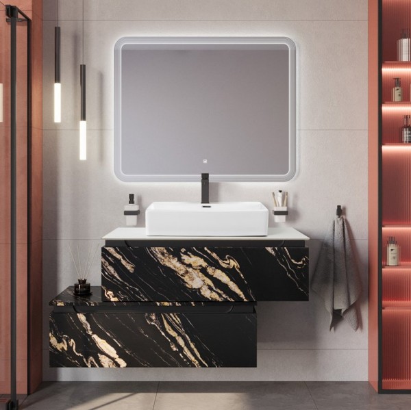 Мебель для ванной комнаты Cezares Slider 100 подвесная, 2 ящика, черный фьюжн, со столешницей bianco opaco