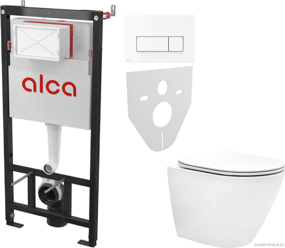 Комплект Унитаз подвесной EvaGold K505 безободковый, с микролифтом + Инсталляция AlcaPlast AM101/1120-4:1 RU M570-0001 кнопка смыва белая