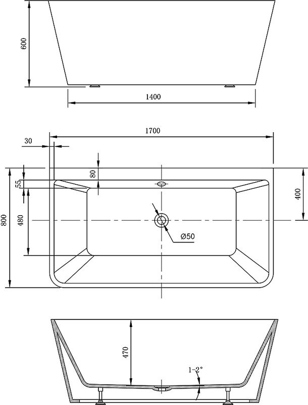Акриловая ванна Vincea VBT-425-1700 170x80 см, пристенная, белая, с каркасом, со сливом-переливом