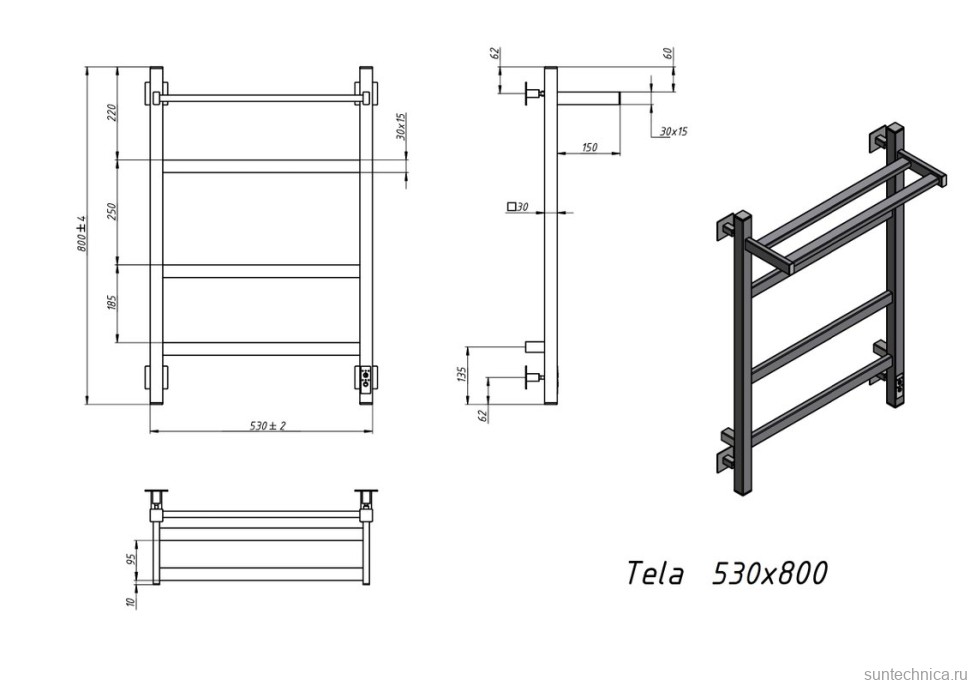 Полотенцесушитель электрический Grota Tela 530х800 RAL9016 EL 80x55 см, подключение справа, слева, скрытое подключение справа, матовый белый, лесенка, из стали, с полкой