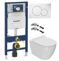 Комплект Унитаз подвесной Bauedge Bau Ceramics безободковый, с микролифтом, белый + Инсталляция Geberit Duofix UP 320 111.300.00.5 + Кнопка Sigma 01 115.770.11.5 белая + Крепления 111.815.00.1 к стене