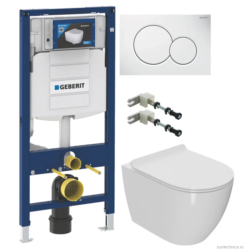 Комплект Унитаз подвесной Bauedge Bau Ceramics безободковый, с микролифтом, белый + Инсталляция Geberit Duofix UP 320 111.300.00.5 + Кнопка Sigma 01 115.770.11.5 белая + Крепления 111.815.00.1 к стене