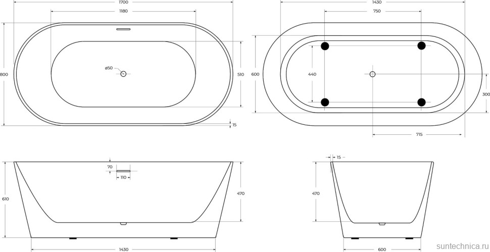 Акриловая ванна BelBagno BB416 170x80 см, отдельностоящая, белая, овальная, со сливом-переливом, с донным клапаном