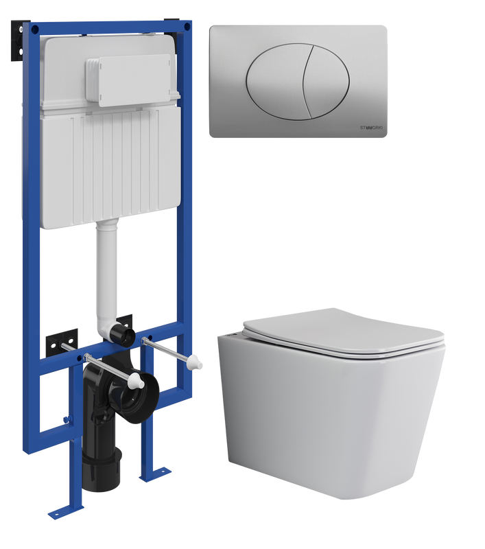 Комплект Унитаз подвесной Ceramicanova Cubic CN1806 с микролифтом, безободковый + Инсталляция STWORKI + Кнопка 230823 хром матовый