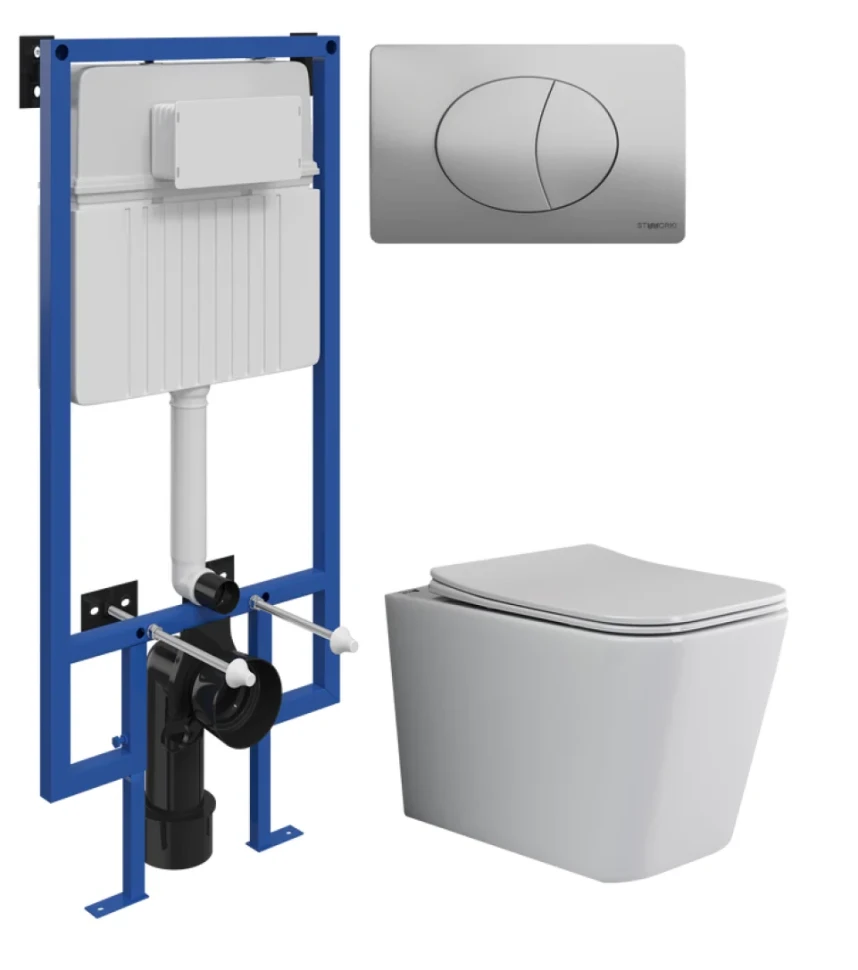 Комплект Унитаз подвесной Ceramicanova Cubic CN1806 с микролифтом, безободковый + Инсталляция STWORKI + Кнопка 230823 хром матовый