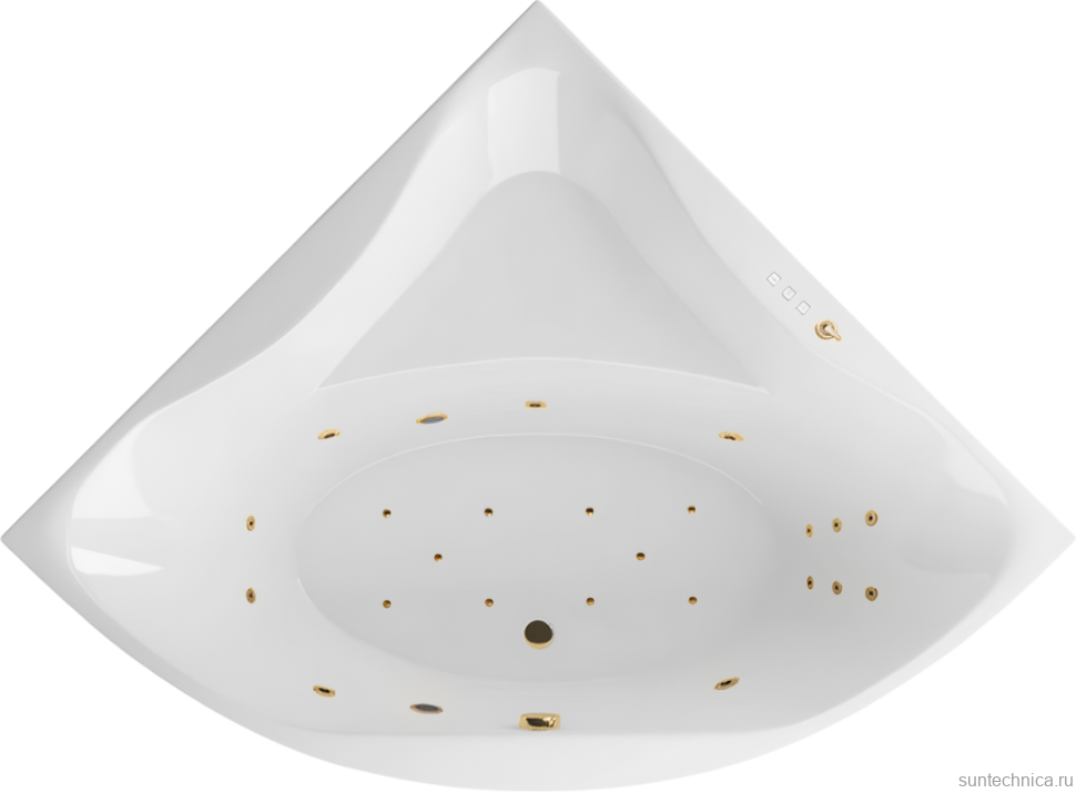 Акриловая ванна Excellent Glamour Ultra 150x150 см, угловая, встраиваемая, с гидромассажем, белая, четверть круга, с каркасом, с сиденьем, со сливом-переливом, фурнитура золото