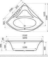 Акриловая ванна Excellent Glamour Ultra 150x150 см, угловая, встраиваемая, с гидромассажем, белая, четверть круга, с каркасом, с сиденьем, со сливом-переливом, фурнитура золото