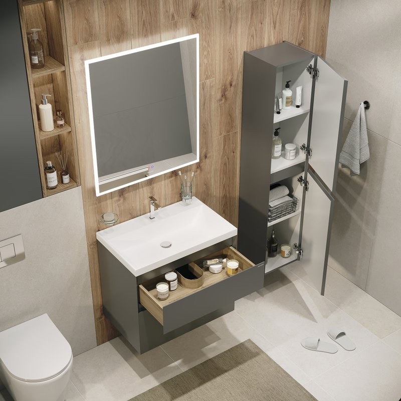 Шкаф-пенал для ванной Grossman Меркадо 32 L/R подвесной, матовый графит