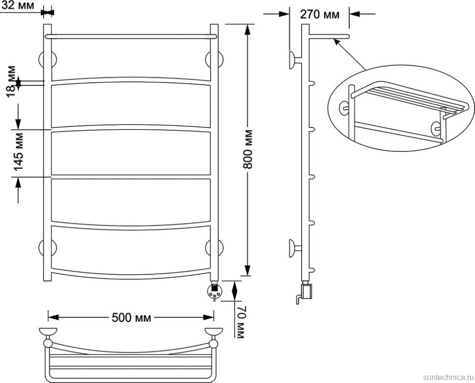 Полотенцесушитель электрический Secado Милан 4 85x55 см, подключение справа, бронза, лесенка, латунь, с полкой