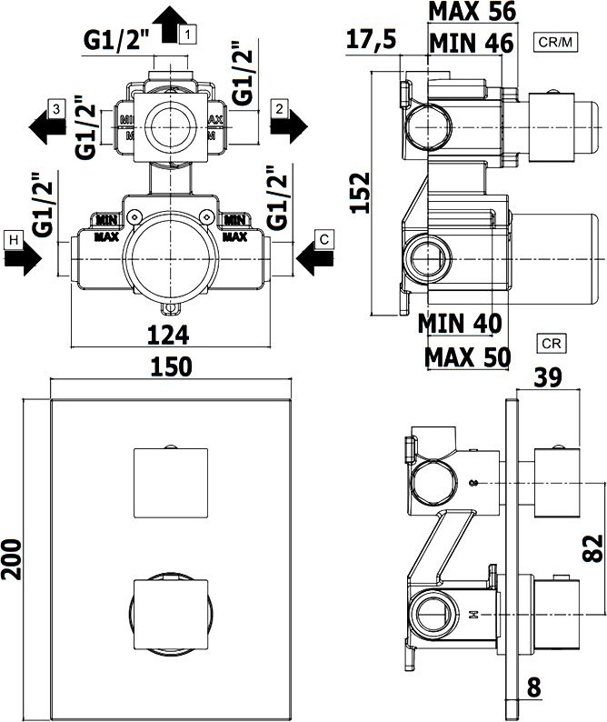 Термостатический смеситель встраиваемый Paffoni Level LEQ519NO/M С ВНУТРЕННЕЙ ЧАСТЬЮ, для ванный с душем, матовый черный
