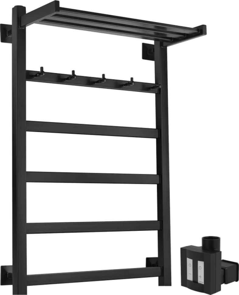 Полотенцесушитель электрический Secado Корсико 1 КСП , 85x55 см, скрытое подключение справа, матовый черный, лесенка, с полкой