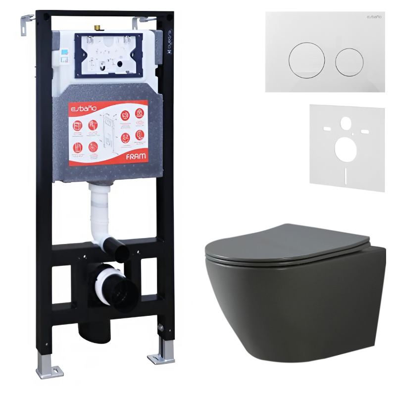 Комплект Унитаз подвесной Esbano Amapola ESUPAMAPGM матовый серый + Инсталляция Fram + Кнопка ESINSLM37GW