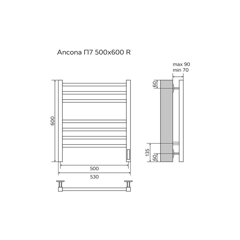 Полотенцесушитель Azario ANCONA 500/600 электрический ЧЕРНЫЙ R 7 кв. пер.