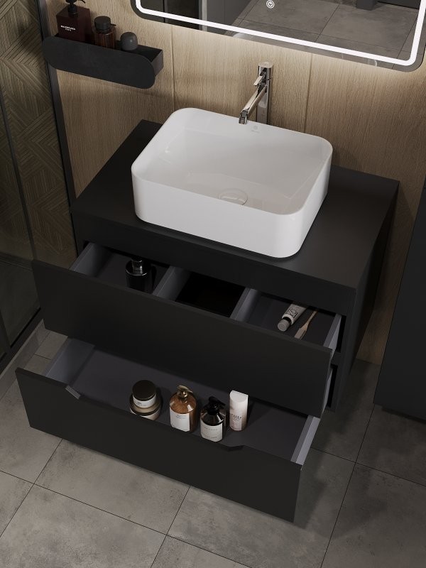 Тумба с раковиной Orange Line 80 подвесная, 2 ящика, матовая черная с раковиной B02-460W