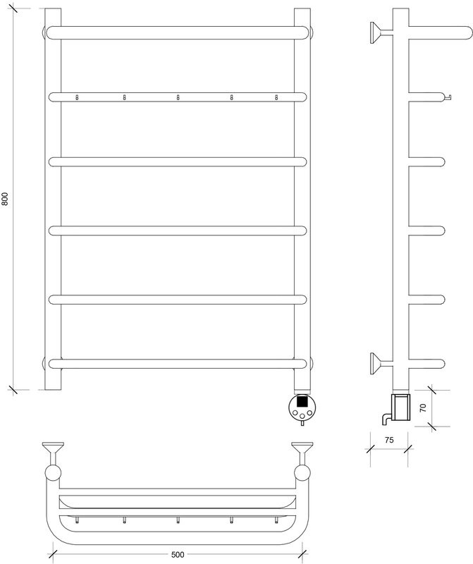Полотенцесушитель электрический Secado Мерида 1 КСП 80x50 см, подключение справа, матовый черный, лесенка, с полкой