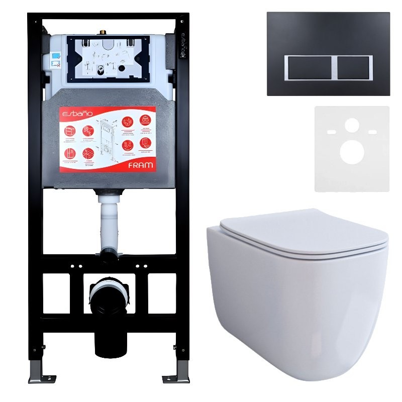 Комплект 3 в 1 Унитаз подвесной Esbano ESUPGARAW + Инсталляция Fram + Кнопка ESINPRK12MB цвет матовый черный