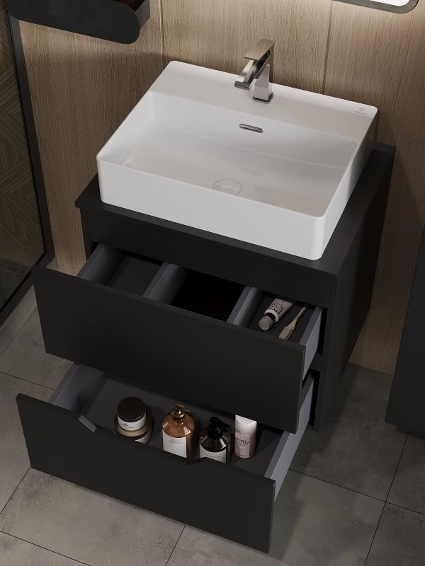 Тумба с раковиной Orange Line 60 подвесная, 2 ящика, матовая черная с раковиной B04-500W