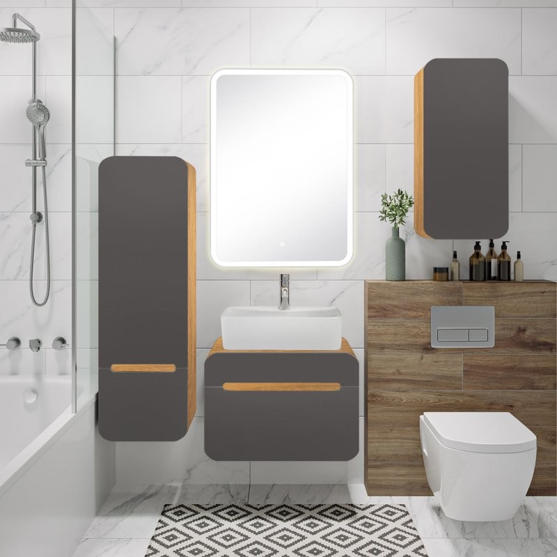 Тумба с раковиной Runo Ницца 60 дуб натуральный, графит, раковина Lavello 50