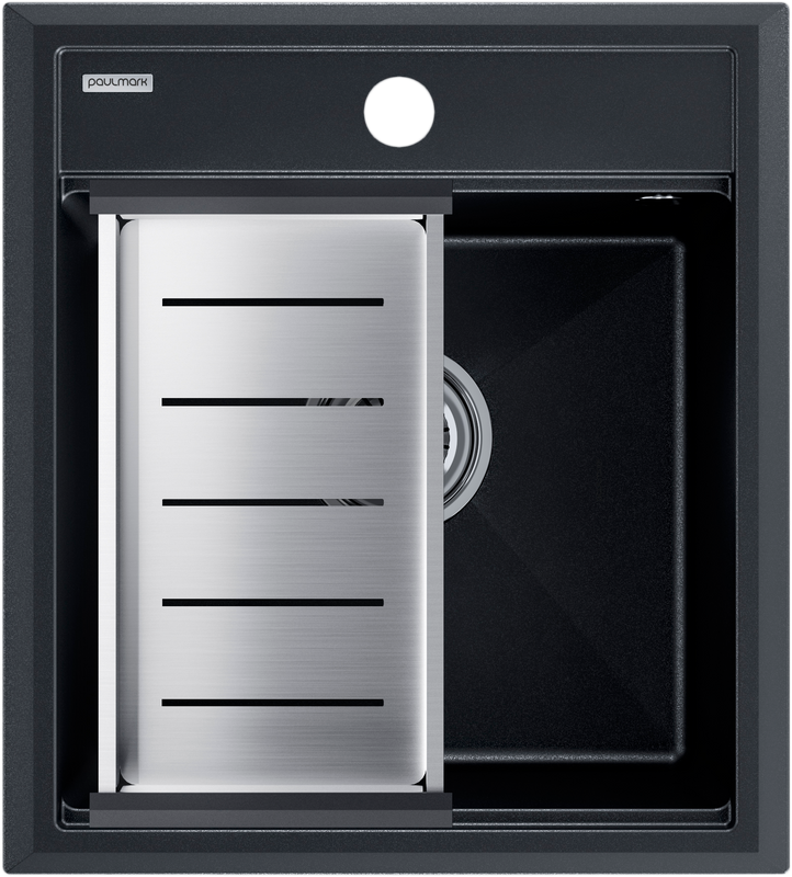 Комплект Мойка Paulmark Stepia PM114651-BLM+A375-BS с коландером, черный металлик + Измельчитель Intenso