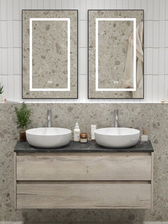 Мебель для ванной комнаты BelBagno Kraft 120 для двоих, с двумя чашами, 2 ящика, rovere galifax bianco