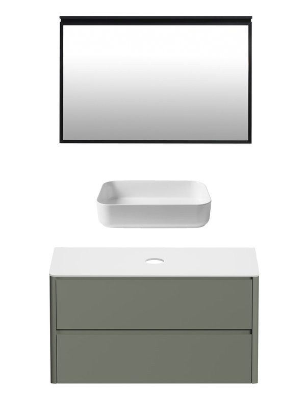 Мебель для ванной комнаты Allen Brau Gravity 120 2 ящика, матовая олива, столешница белая, раковина Fantasy Quad 50, белая