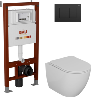 Комплект Унитаз подвесной Bauedge Bau Dream безободковый, с микролифтом + Инсталляция Bau Pro + Кнопка Stil, черная матовая